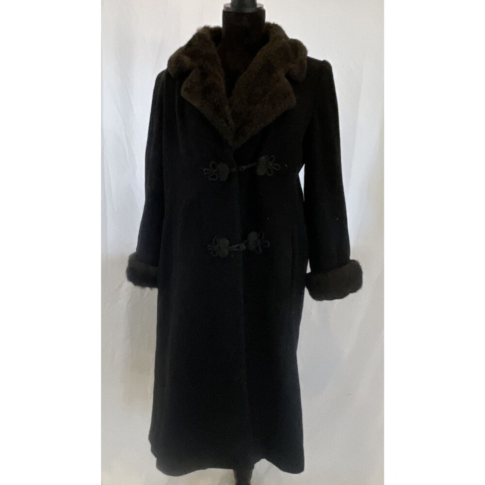 Vintage 60s/70s Braefair Womens Dress Coat Faux Fur Trim Frog Closure Mod  Black
